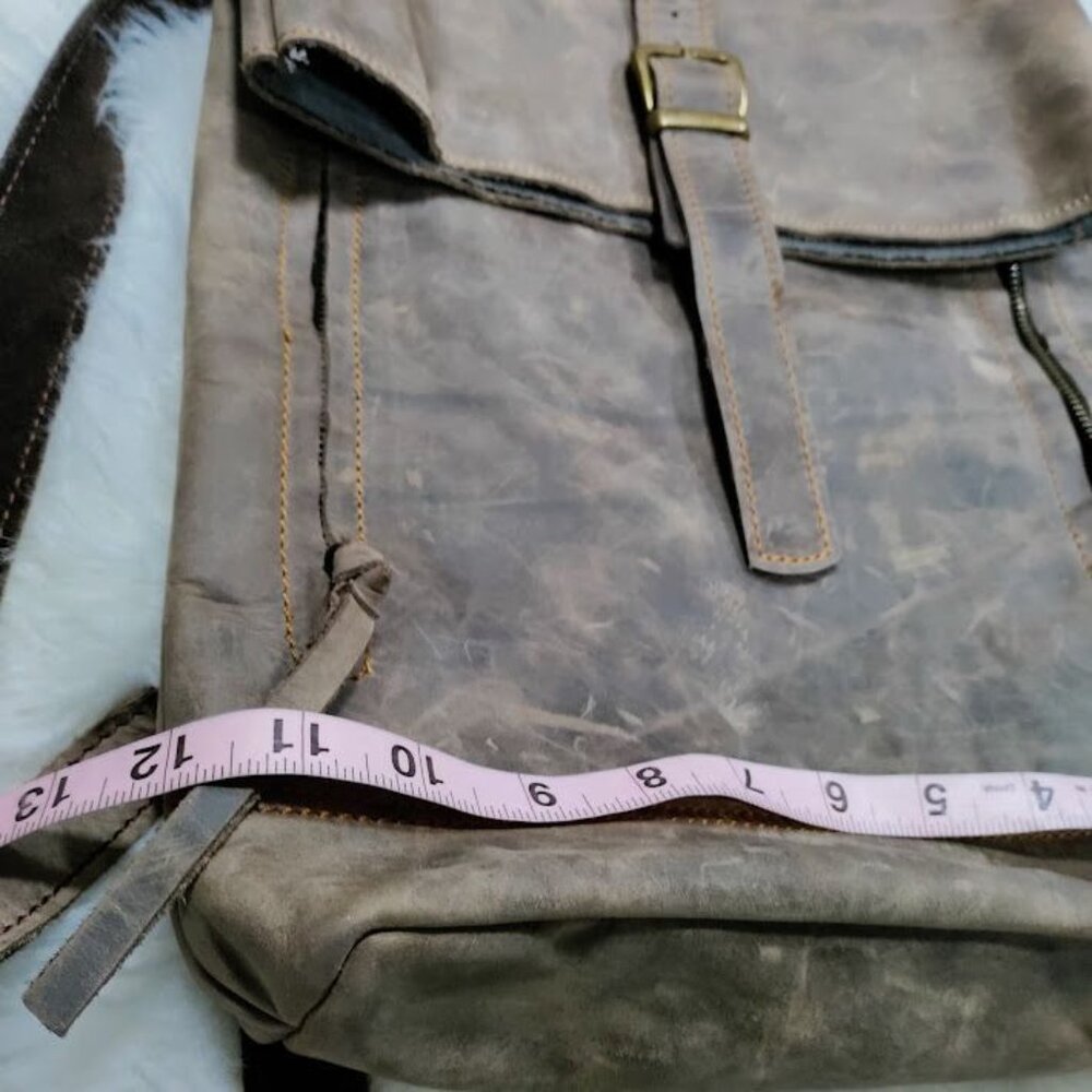 Vintage Brown Rugged Canvas Leather Roll Top Closure Adjustable Straps Backpack - Picture 8 of 10